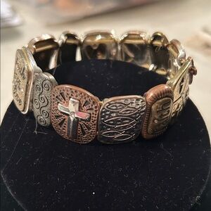 Mixed Metal Stretch Bracelet with Cross and Patterns